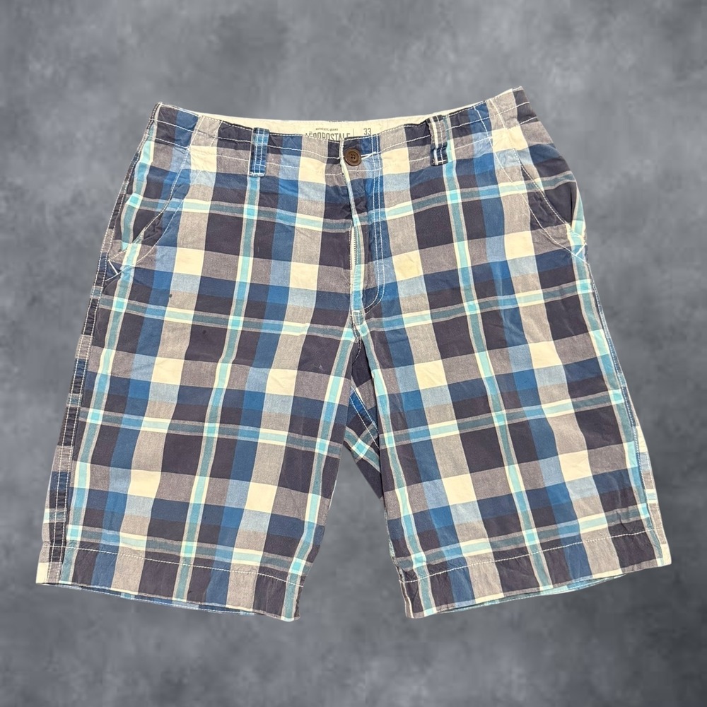 Aeropostale Mens Plaid Shorts Blue Navy White Cotton Flat Front Size 33